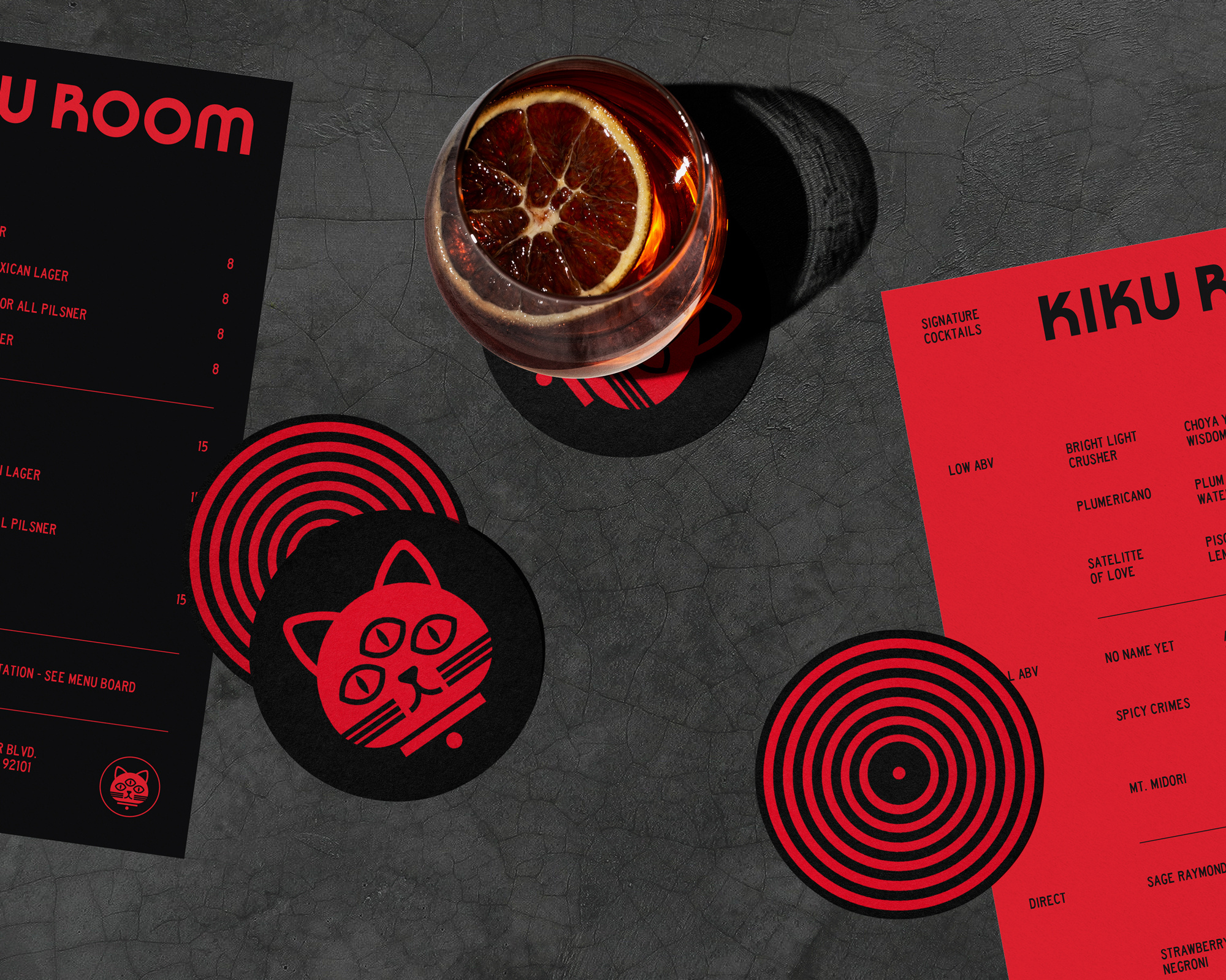 Kiku Room bar branding cat coaster japanese logo record bar san diego vinyl