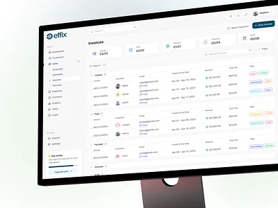 Effix CRM - Invoice Page Design adding analytic billing billing crm create invoice crm filllo invoice invoice management invoice page invoice status mangement crm money new invoice product design tracking transaction ui design