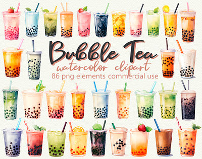 Bubble Tea Clipart Set – 86 Delicious PNG Illustrations beverage branding beverage graphics boba tea bubble tea bubble tea clipart creative market cute clipart digital art digital stickers drink clipart food clipart food design iced tea kawaii design png illustrations summer drinks sweet tea tea tea clipart watercolor clipart