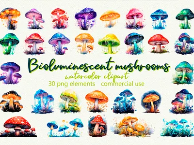 Bioluminescent Magic Mushrooms Clipart and Patterns Fantasy PNGs bioluminescent creative market dark aesthetic digital fantasy digital stickers enchanted forest fairycore fantasy clipart fantasy theme glowing flora glowing mushrooms magic mushrooms mushroom graphics mystical illustrations neon clipart png elements printable art psychedelic art surreal clipart witchy design
