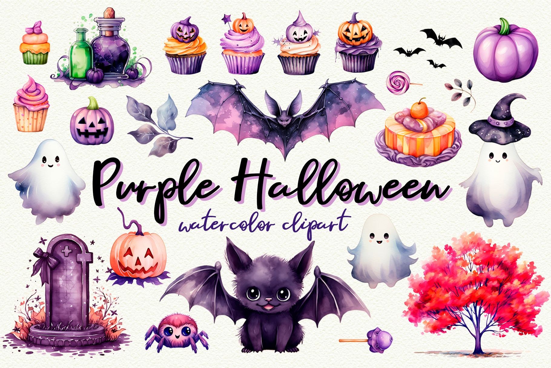 Purple Halloween Clipart & Seamless Patterns – Spooky Cute PNGs adorable bat clipart cute ghost graphics halloween illustration kawaii pastel pattern png potion pumpkin purple seamless seasonal spooky witchy