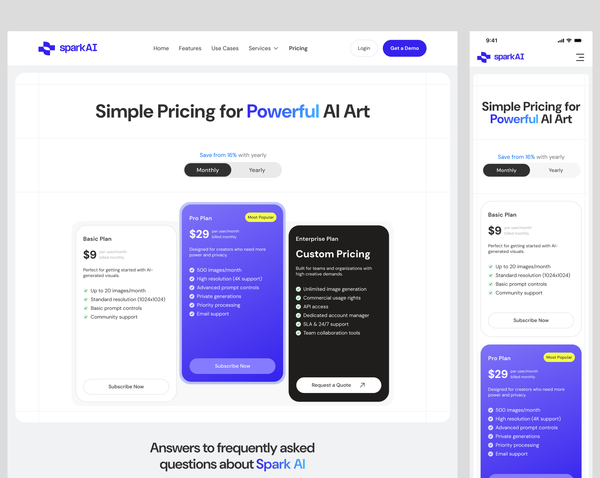 SparkAI – Responsive Pricing Page Concept design dribbbleweeklywarmup figma graphic design interface landing pricingpage responsiveui saasdesign uiconcept uidesign uiux uxui webdesign