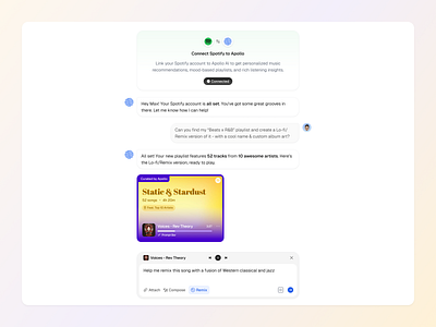 AI Music App x Spotify ai app cards chat illustration integrate integration minimal music music generation playlist product design spotify ui
