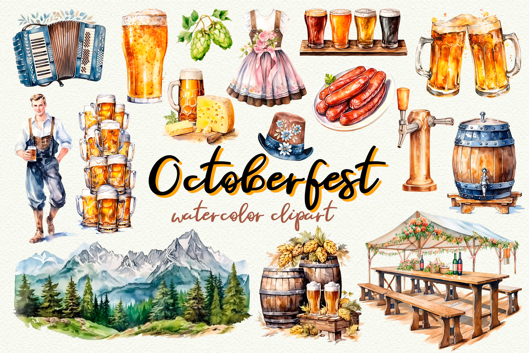 Octoberfest Watercolor Clipart – 26 Festive PNG Elements alps autumn bavaria bavarian beer beer mug clipart creative market cute drink fall festival festive clipart german octoberfest sausage seasonal clipart watercolor watercolor png