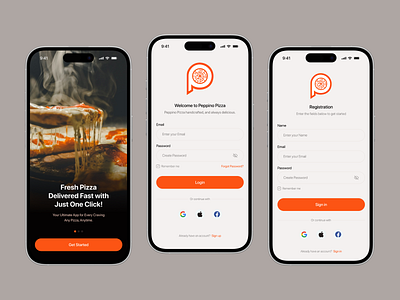Onboarding & Login Screen – Pizza Mobile App app app design delivery app ios loginscreen mobile mobile app onboarding sign up onboardingui online food delivery ordering pizza pizza delivery productdesign register restaurant sign in splashscreen uxuidesign welcome screen