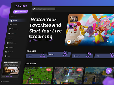 Gomlive - Live Streaming Game 👾 darkmode dashboard design figma figmadesign fun game landingpage livestreaming ui uiux website