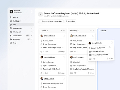 Applicant pipeline dashboard — Zoma UI candidates dashboard kanban minimal pipeline recruitment saas saas dashboard ui ui design web application