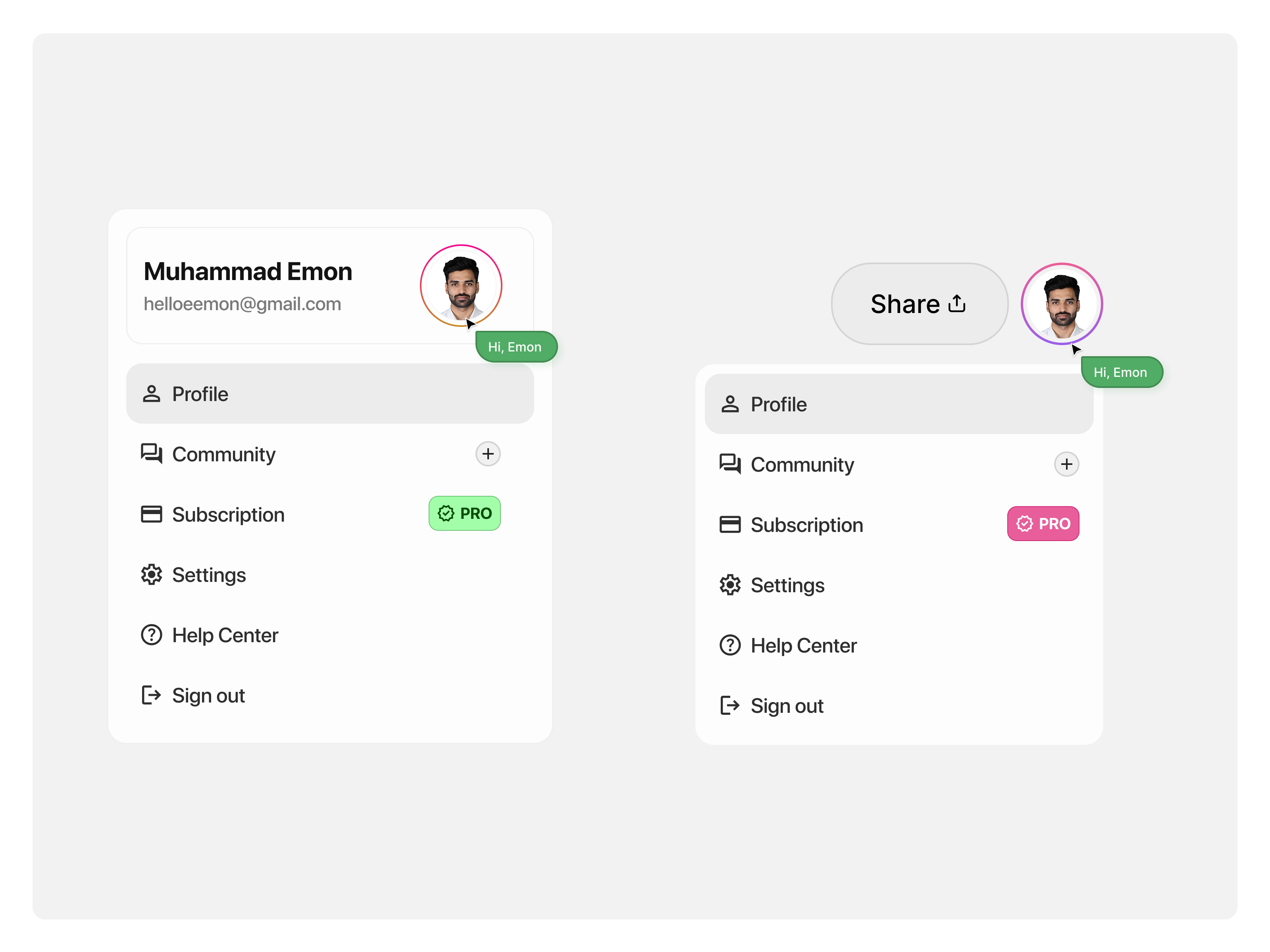 Account Dropdown UI Design ✦ Which Profile Card is Better? account app design clean dashboard ui designchallenge dropdown icon menu menu item profile card profile ui ui design uiux user userexperience uxdesign web desgin
