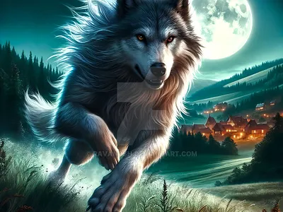 The Wolf of Forest's Edge 2d animal creature detailed digital elegant fantasy forest graphic design kinetic momentum moonlight night scene striking vibrant visceral vivid wild wolf