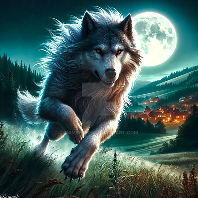 The Wolf of Forest's Edge 2d animal creature detailed digital elegant fantasy forest graphic design kinetic momentum moonlight night scene striking vibrant visceral vivid wild wolf