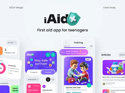 iAid - first aid app for teenagers ai case study children clean design education elearning first aid gotoinc healthcare healthtech illustration kid mobile mobile app modern research school ui ux