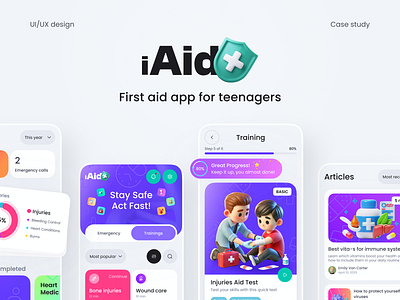 iAid - first aid app for teenagers ai case study children clean design education elearning first aid gotoinc healthcare healthtech illustration kid mobile mobile app modern research school ui ux