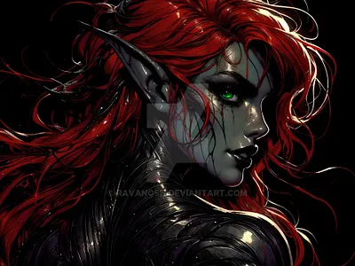 Elara Duskryn, Dark Elven Enchantress 2d attractive beauty characterdesign conceptart dd detailed drow elf eyecontact fantasy glance greeneyes portrait redhair vibrant vivid