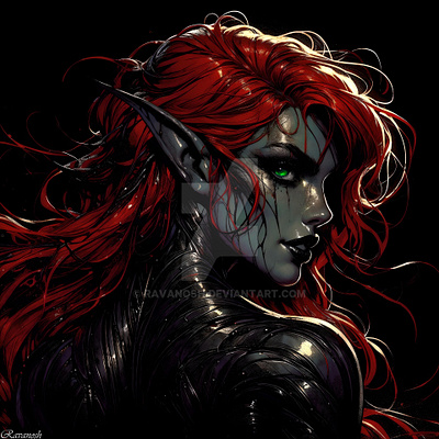 Elara Duskryn, Dark Elven Enchantress 2d attractive beauty characterdesign conceptart dd detailed drow elf eyecontact fantasy glance greeneyes portrait redhair vibrant vivid