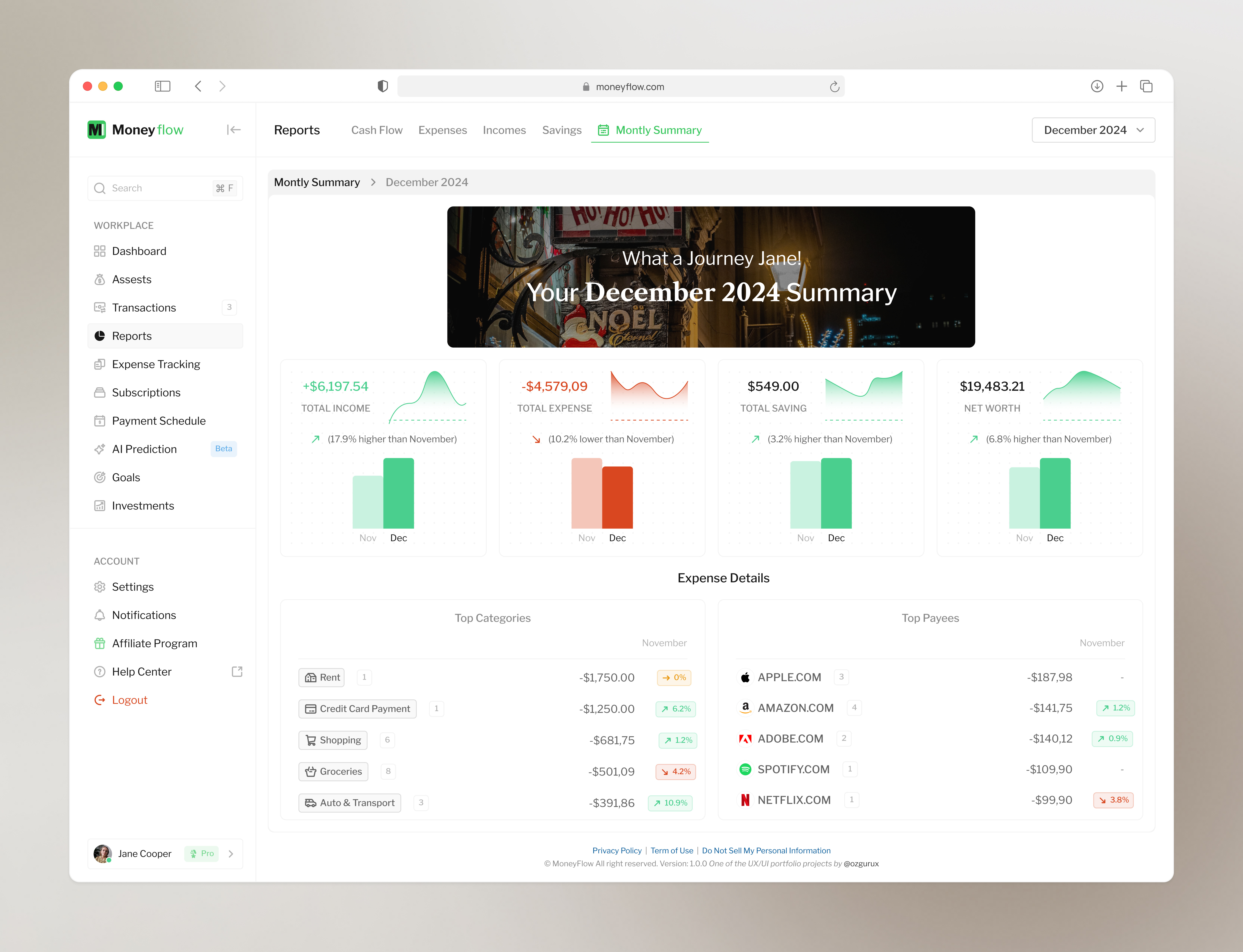 Personal Finance Management Platform, Dashboard, Monthly Summary case study cash flow dashboard earning expense finance ui finance ux fintech investments landing page mobile app money payment portfolio reports ui ui design ux ux case study ux design