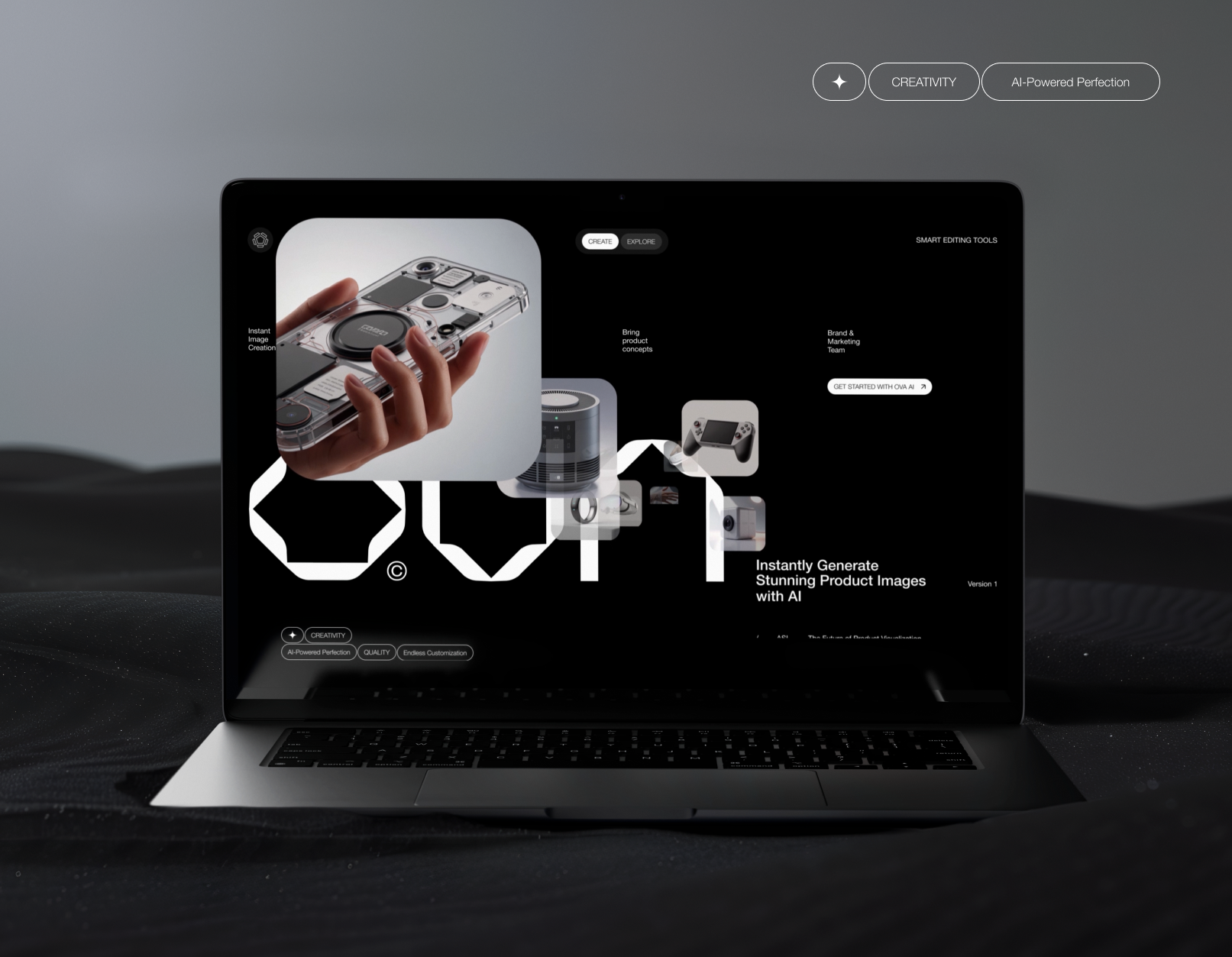 OVA: Designing Intelligence Case study 3d renders ai concept creative design generatuin graphic illustration image interface minimalist page product ui uiux ux web web design website