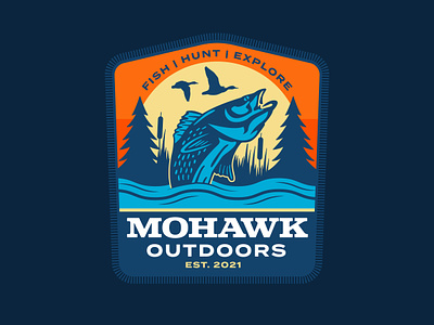Mohawk Outdoors Badge badge explore fish fishing goose hunting illustration nature outdoors patch retro stream sun trees