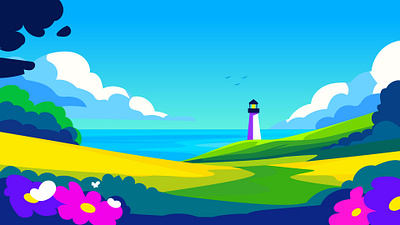 A lighthouse in the meadow of the sea alone animation art cover flat illustration flat vector garden house illustration landscape light lighthouse sea sky vector web page