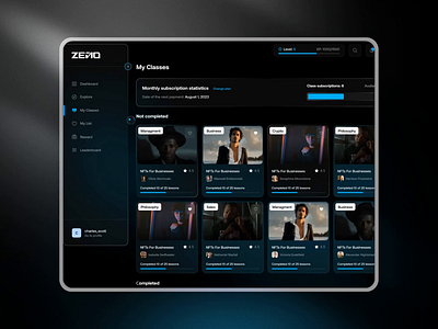 Interactive Learning Platform Inspired by Streaming UX bento boxes blue branding dark design edtechdesign giveaway interactivedesign learn2earn learning motion design netflixinspired quiz raffle stoic streaming platform streamingux ui ux video player web3 zeno