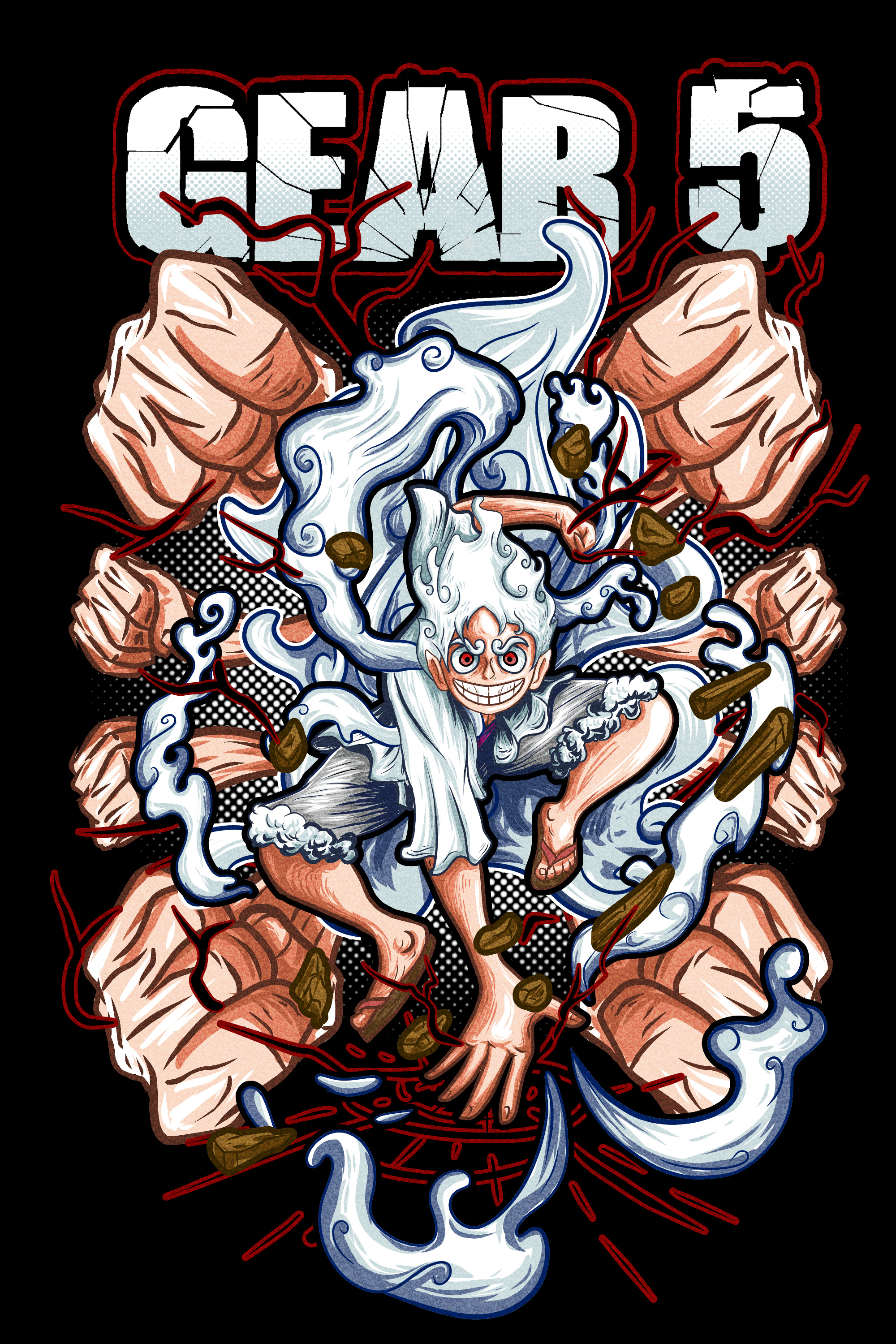 LUFFY GEAR 5 FANART anime fight hand illustration japanese joyboy luffy manga monkeydluffy nika one piece pirate pose punch sun god nika