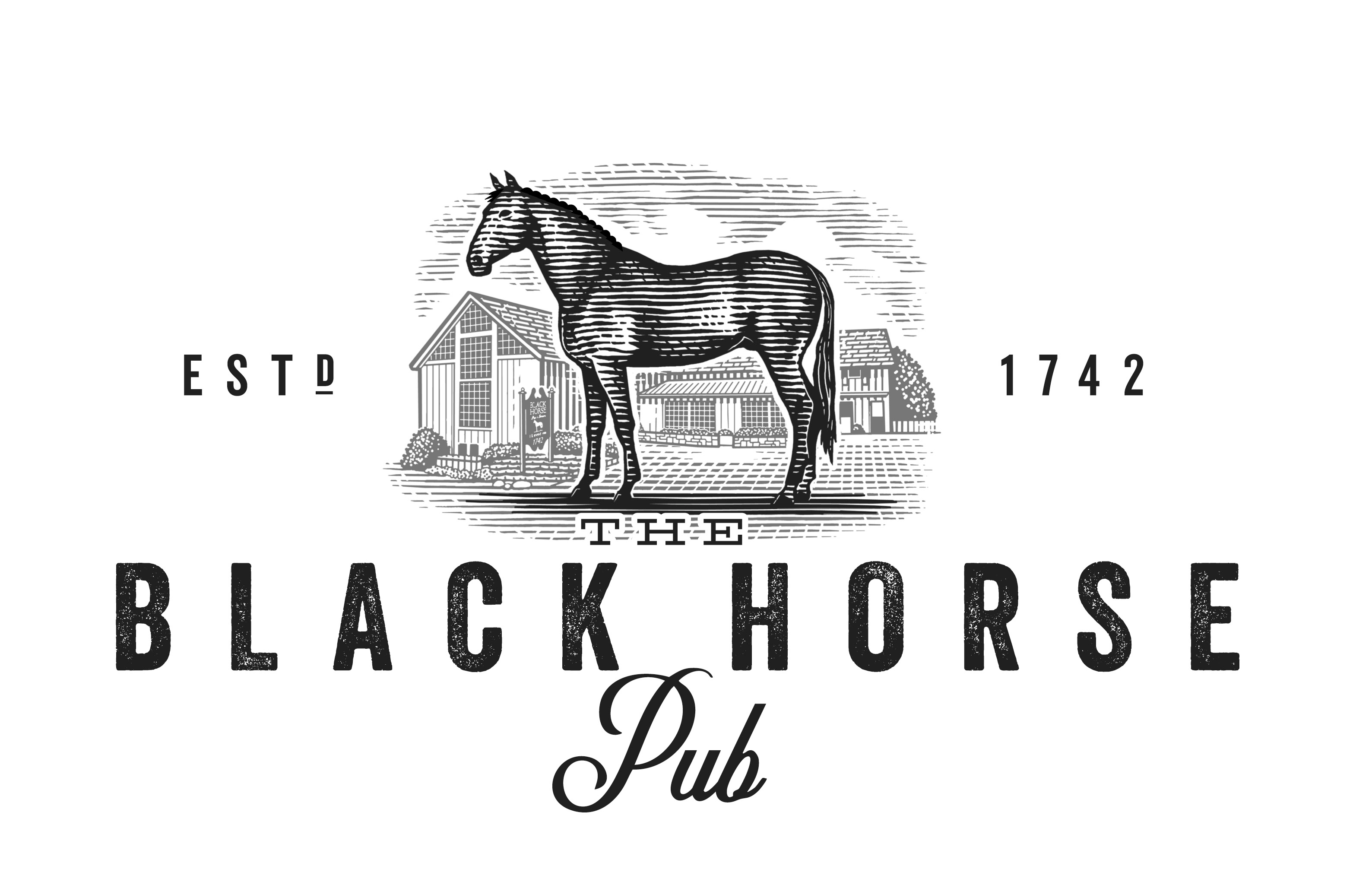 The Black Horse Pub Logomark rendered by Steven Noble artwork branding design engraving etching illustration line art logo logo identity scratchboard steven noble woodcut