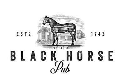The Black Horse Pub Logomark rendered by Steven Noble artwork branding design engraving etching illustration line art logo logo identity scratchboard steven noble woodcut
