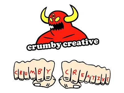 Crumby Machine branding crumby crumby creative custom type devil font graphic design horns illustration knuckles logo design print satan skate skate brand skate logo skate shop skateboard toy machine typography