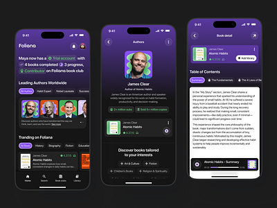 Foliana – Book Club Social App app reading best app design book app book design reader book reader app darkmode app full color app mobile app mobile app design mobile concept mobile ui mobile ui design mobile ux modern app ui read app reader app social app social book app social media app social media deign