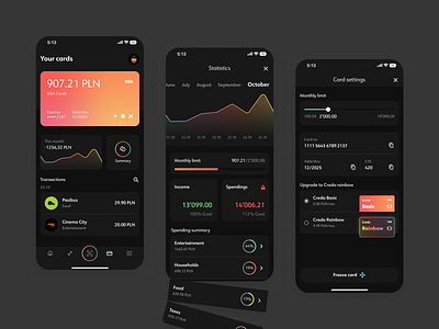 Creda - Banking App concept pt. 2 app bank app banking card cards chart credit darkmode fintech gradient graph ios mobile payments rainbow spendings ui ux wallet