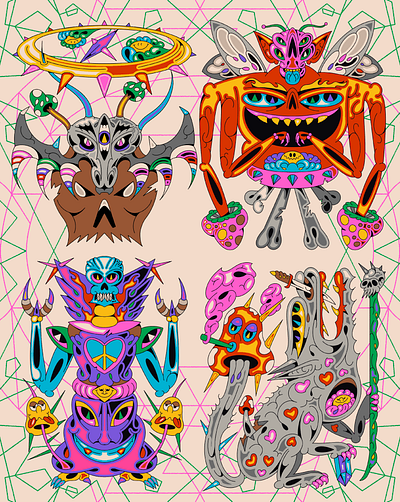 STRANGE CREATURES album alien branding colorful creatures death design graphic design illustration merch mushroom pop poster psychedelic vibrant vintage
