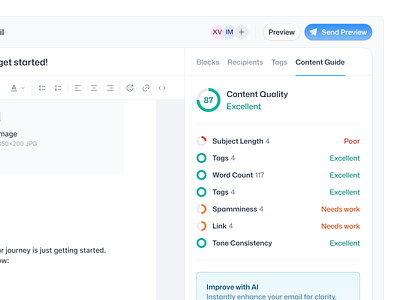Email Builder Content Guide ai clean dashboard email email builder inbox minimalist product saas ui ux web