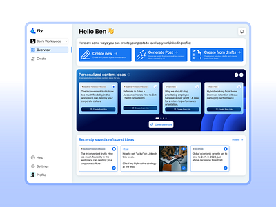 Home Screen UI for Social Media Tool ai ai tool blue branding content dashboard generate homescreen linkedin modern msp mvp overview post creation saas social media tool ui ui design ux webapp