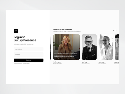 Luxury Presence | Log In 2 carousel clean design login modern design productdesign real estate real estate agent saas signup social proof startup testimonials ui uxui