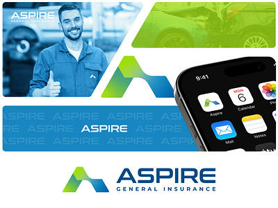 Aspire General Insurance Logo Design app icon aspire auto blue brand identity branding business concept founder gradient green insurance letter a lettermark logo logo design minimal monogram startup tech