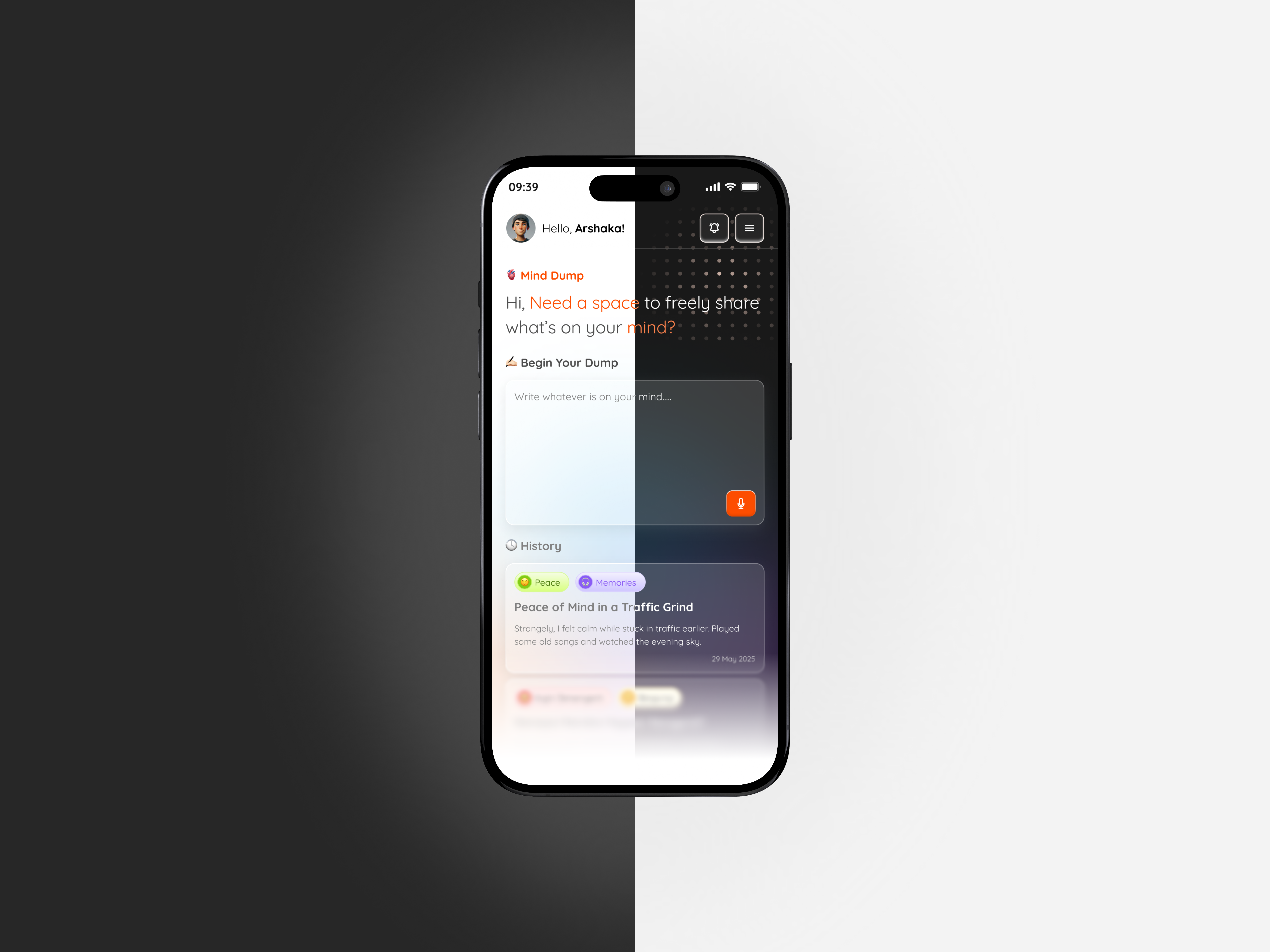Mind Dump - Your Thought Organizer App ai clean futuristic glashmorphism mobile app modern orange product design soft ui user experience user interface ux
