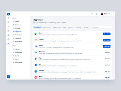 Settings - Integrations page add integration b2b saas clean connect apps connections integration dashboard integration saas integration settings integrations interface product design saas saas table saas web semiflat settings table ui ux web app