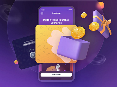 "Scratch The Prize" Growth Feature for Friend Referrals 3d animation app card cards crypto gradient lottery mobile mobile app mobile application mobile ui motion graphics reward scratch sweatcoin trophy ui ux win