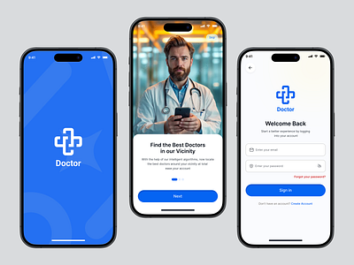 Doctor App UI – Login & Onboarding app ui bookingapp clenui dashboardui doctor app doctorappointment figma design health care ui health tech ios appdesign login screen medical app mobile app design modern ui on brooding onboardingui splash page telemedicine ui ux design user interface