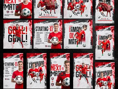 Photoshop Soccer Instagram Templates Set Dynamic Red & White banner football poster instagram post design poster poster design social media post design sports poster