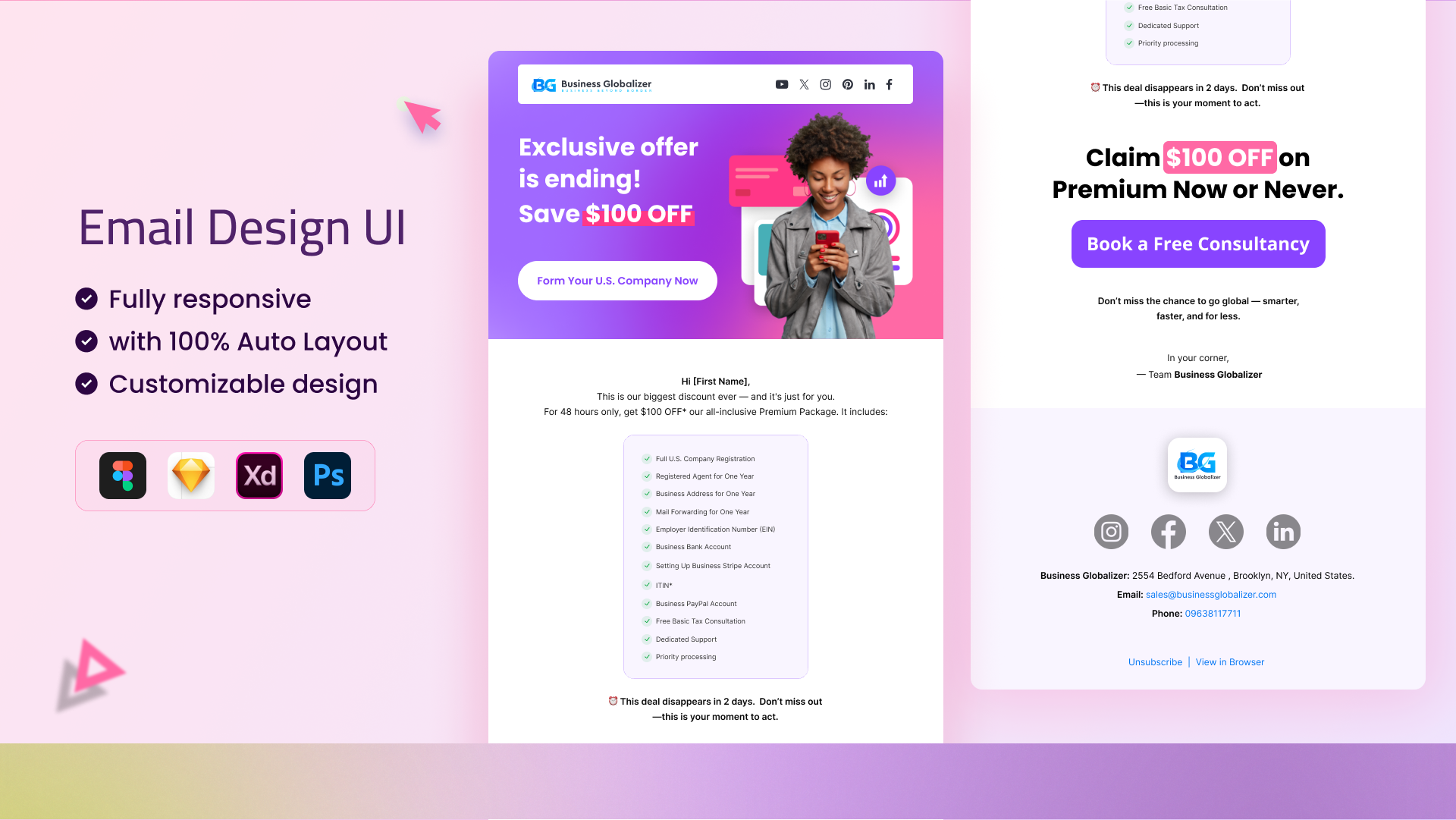 Responsive Promo Email UI | Auto Layout & Gradient Style $100 off offer adobe xd auto layout clean ui email design figma email template gradient design marketing email newsletter ui offer promo email ui responsive layout sketch template ui