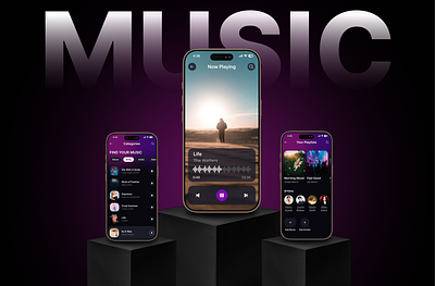 Modern Music App UI – Dark Theme with Purple Accents appdesign figma graphic design music musicapp ui uidesign uiux userinterface ux