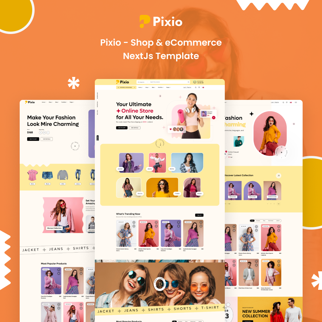 Pixio – Shop & eCommerce NextJs Template branding creative design illustration logo product design template ui uiux website