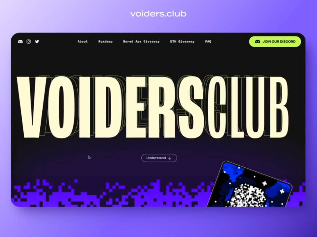 VoidersClub – NFT Collection Landing Page animation development gradient low code neo brutalism nft nft collection scroll animation storytelling ui ux web design website design