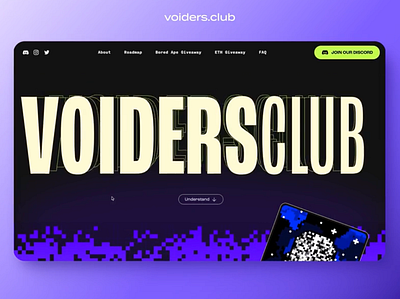 VoidersClub – NFT Collection Landing Page animation development gradient low code neo brutalism nft nft collection scroll animation storytelling ui ux web design website design