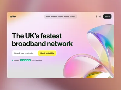 Velto homepage hero abstract shapes broadband desktop fluid hero section homepage landing page design midjourney minimal design modern pastel colours rainbow ui design