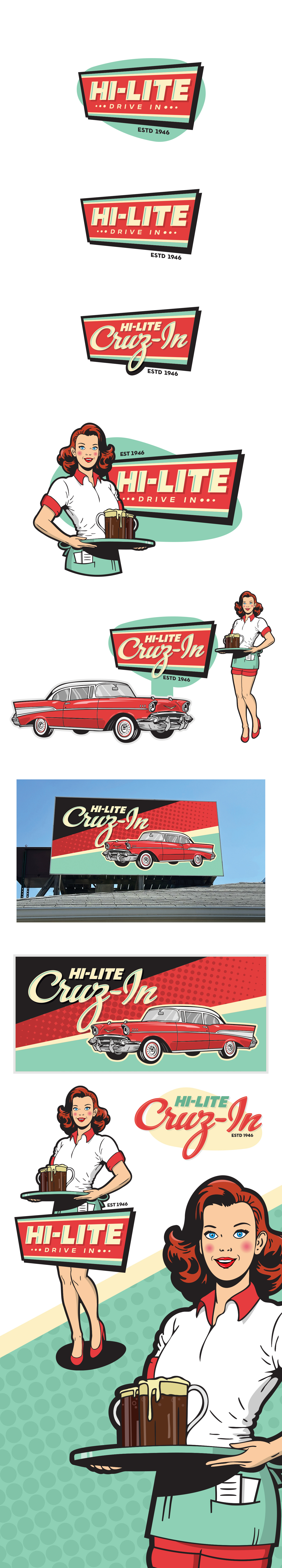 Hi-Lite Drive in 1946 branding carhop chevy drivein girl graphic design hi lite logo restaurant
