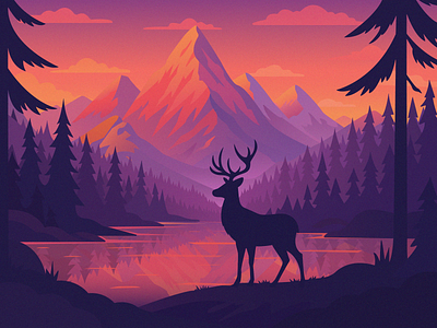 Forest deer 🦌 🌲 adobeillustrator animal character clouds colors dear design forest illustration illustrator lake mountain nature sunset vector