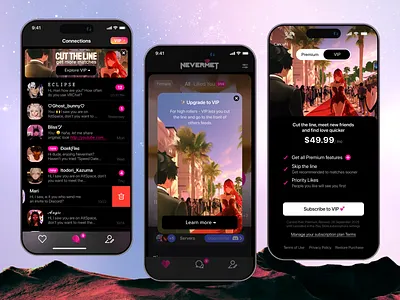 Nevermet – VR Dating App VIP Subscription UI app ar avatarculture darkui design interaction ios mobile productdesign subscriptionui ui ux virtualreality vrchatapp vrdesign