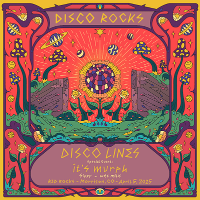 Disco Rocks Poster album colorful death design disco flowers graphic design illustration merch mushroom planet poster redrocks rocks sunflower universe