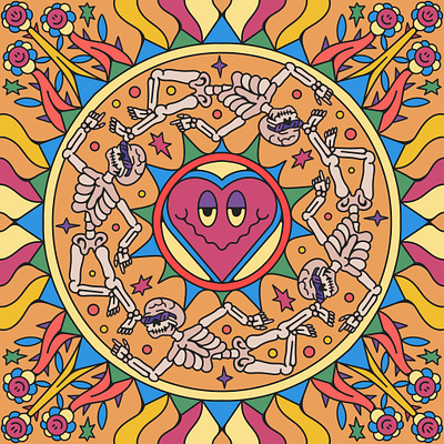 Cover Art for DISCOLINES & WES MILLS album colorful cover death graphic design happy illustration love merch mushroom music psychedelic skeleton skull sun